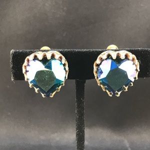 Vintage Vendome blue AB heart clip earrings
